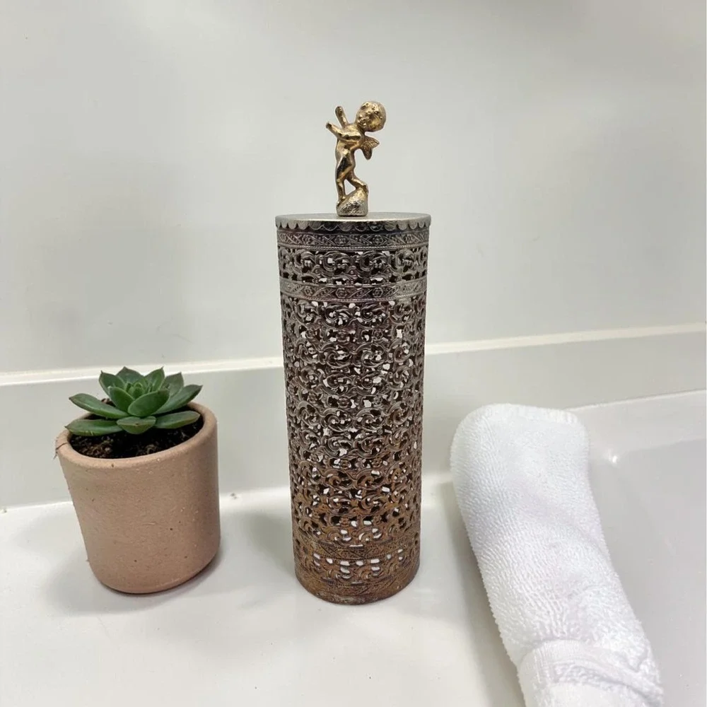 Vintage Filigree Hairspray Cover With Cherub Finial Gold Tone Hollywood Regency